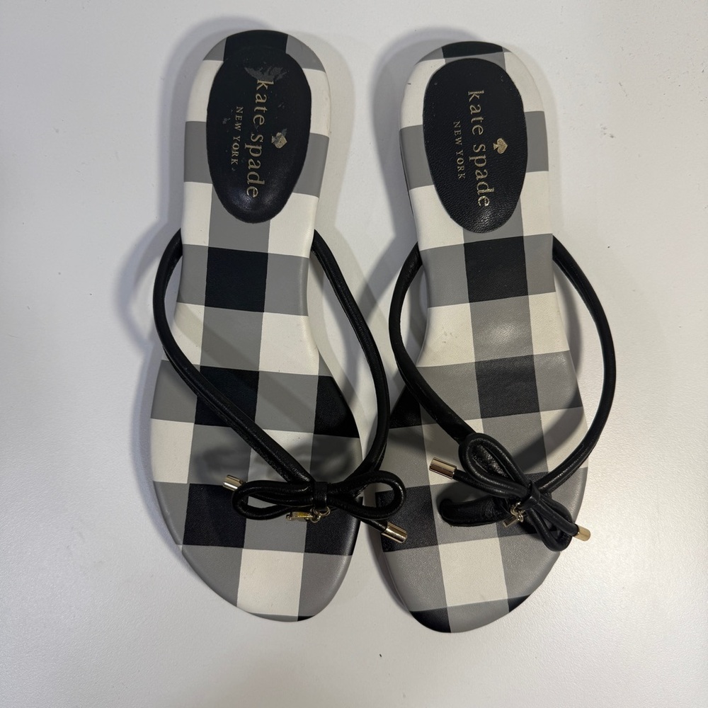Kate Spade Black Check Nappa Leather Mistic Bow T-Strap Sandal Women’s Size 6.5